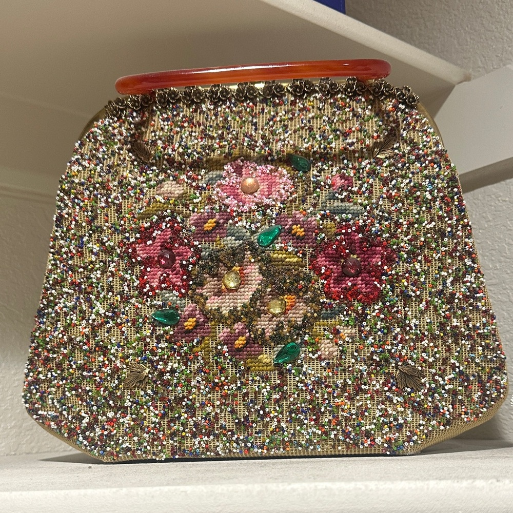 Floral Beaded Handbag with Orange Handle